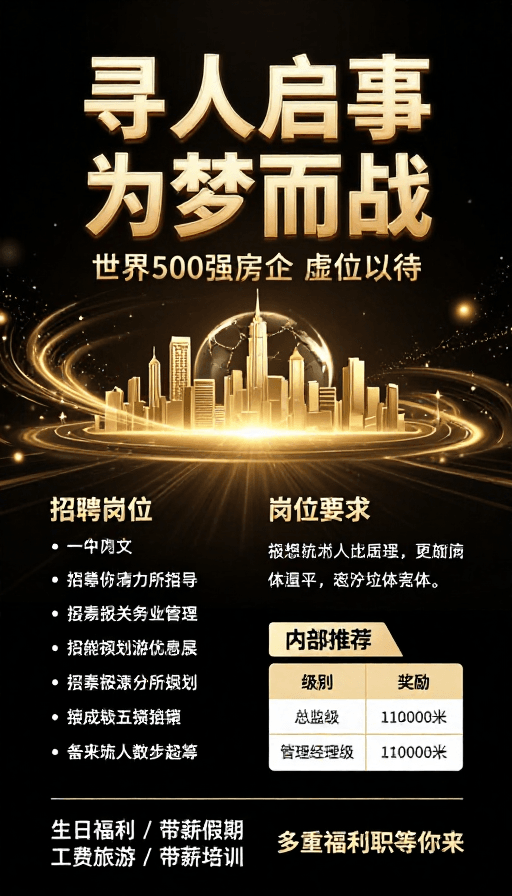 数字创意素材：世界500强房企高端招聘：金色科技感寻人启事
