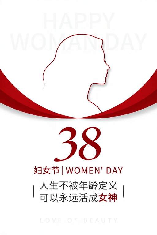 纯白背景素材：极简红色妇女节海报：不被年龄定义的女神力量