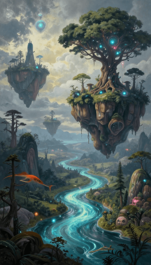 悬浮岛屿素材：超现实奇幻风景：悬浮岛屿与荧光河流的梦幻交织