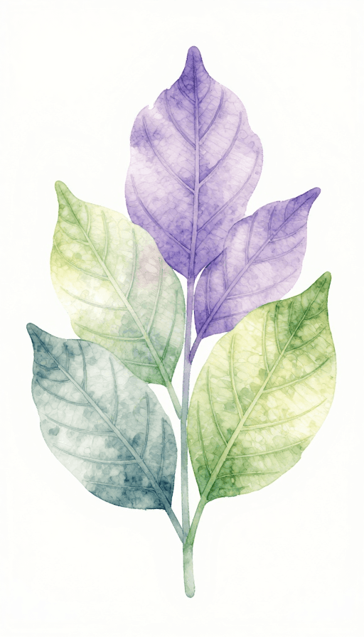 小清新风格素材：水彩紫绿治愈系插画：光影叶脉的温暖诗篇