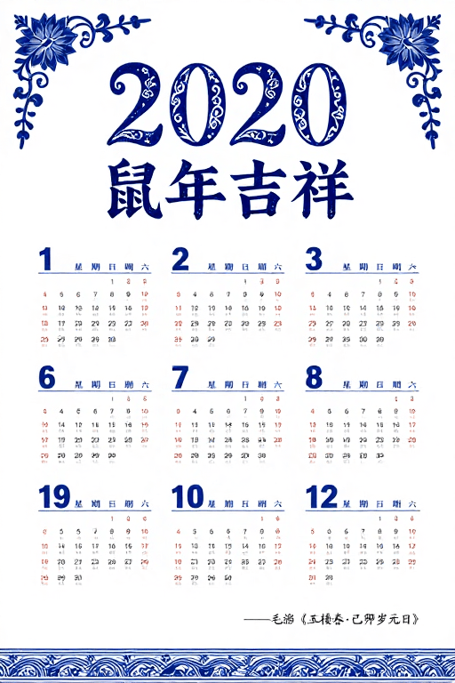 蓝白配色素材：青花鼠年吉祥日历海报