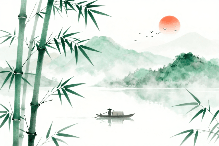 中国山水画素材：水墨青竹扁舟远山意境