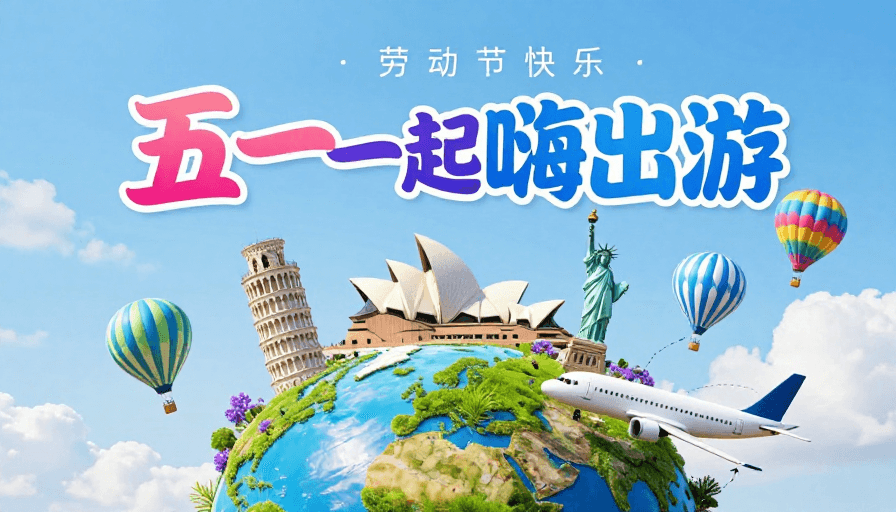 清新插画素材：梦幻五一游：全球地标与清新插画风海报