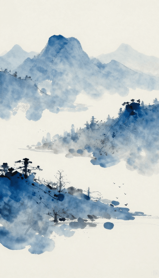 新中式风格素材：新中式泼墨远山与飞鸟剪影