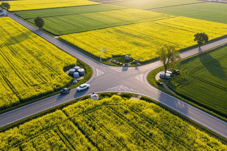 色彩饱和素材：晨光下的乡村田园：油菜与麦田交织的金色画卷