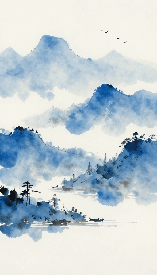极简艺术素材：新中式泼墨远山飞鸟剪影