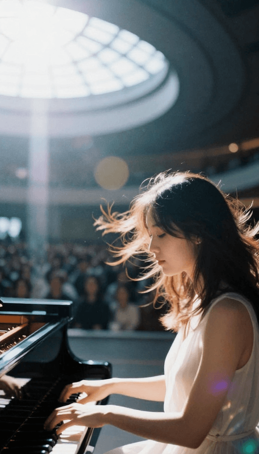胶片质感素材：东方美人在大剧院的流光钢琴曲：中西影韵交织