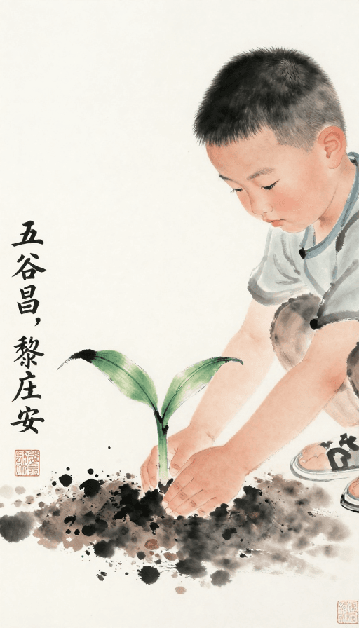 留白意境素材：水墨新生：孩童手植玉米破土而出寓意丰饶