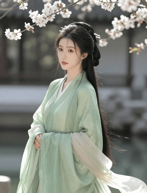古风摄影素材：绝色佳人春日园景：绿纱美人映芳华