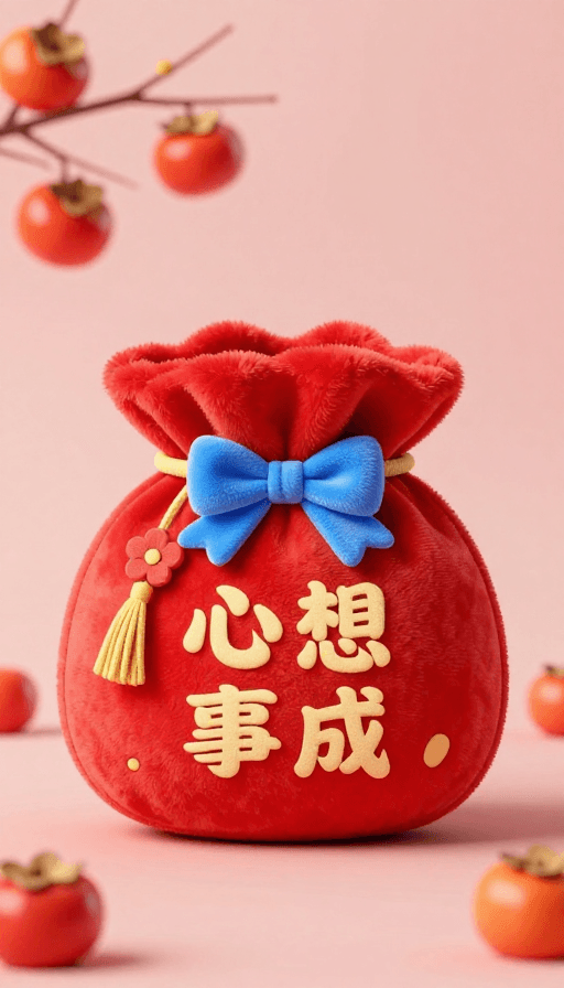 插画风素材：毛绒福袋送美满祝福，万事如意愿成真