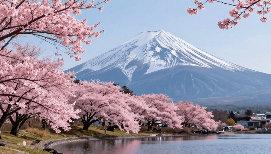 高对比度摄影素材：富士雪山映粉樱，晴空下绝美风景