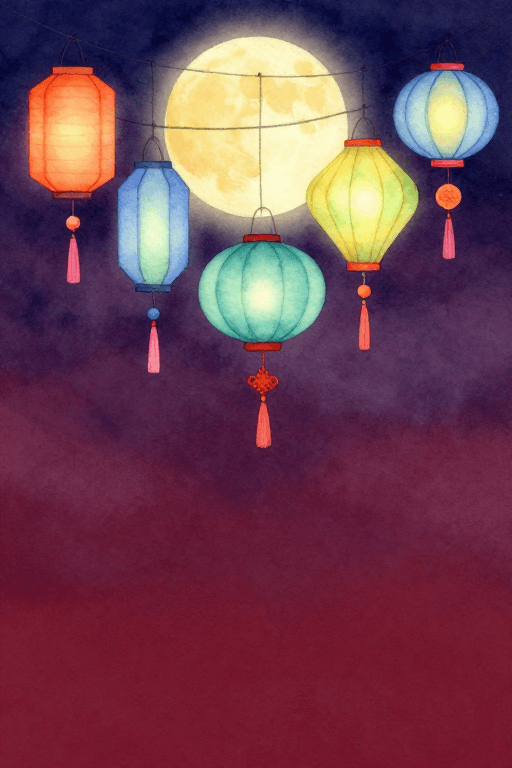 留白设计素材：中秋水彩夜景：紫红渐变灯笼满月