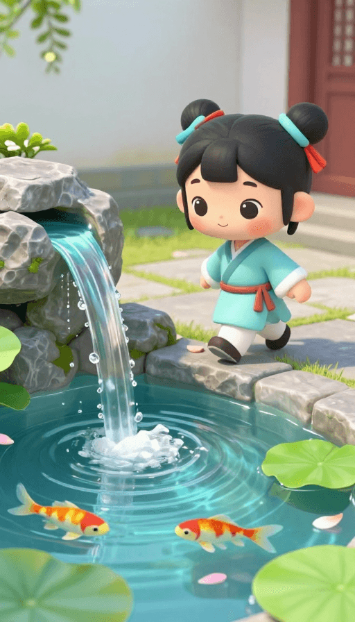 中国风素材：Q版雅士庭院静景：皮克斯风水墨诗意