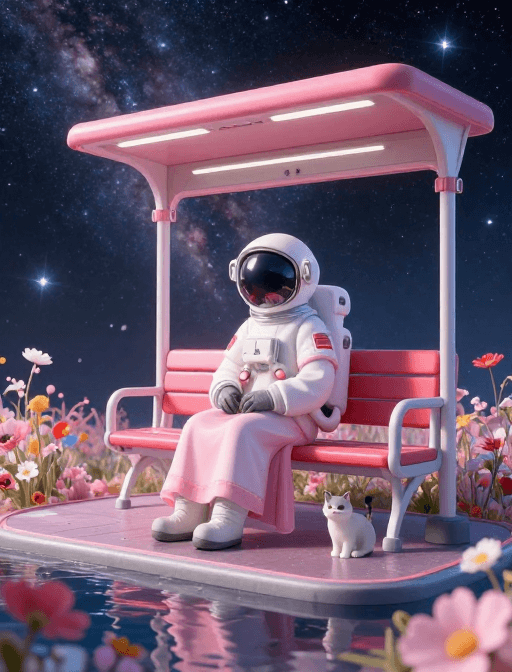 科幻场景素材：汉服宇航员置身梦幻宇宙：超现实浪漫3D艺术