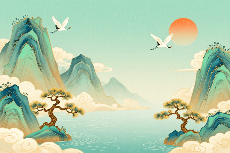 诗意意境素材：青绿山水诗意意境：金鹤松石留白画卷