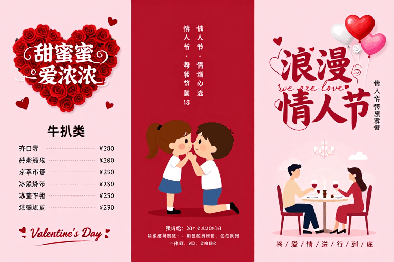情人节素材：浪漫粉红·情人节主题西餐厅手绘海报