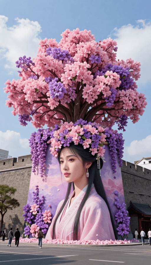 繁花实景素材：花冠国色：街头古风美女与繁花城墙写实摄影
