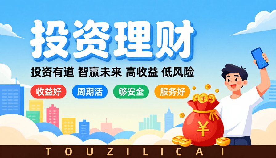 品牌标识素材：明亮插画风投资理财海报：高收益低风险智赢未来