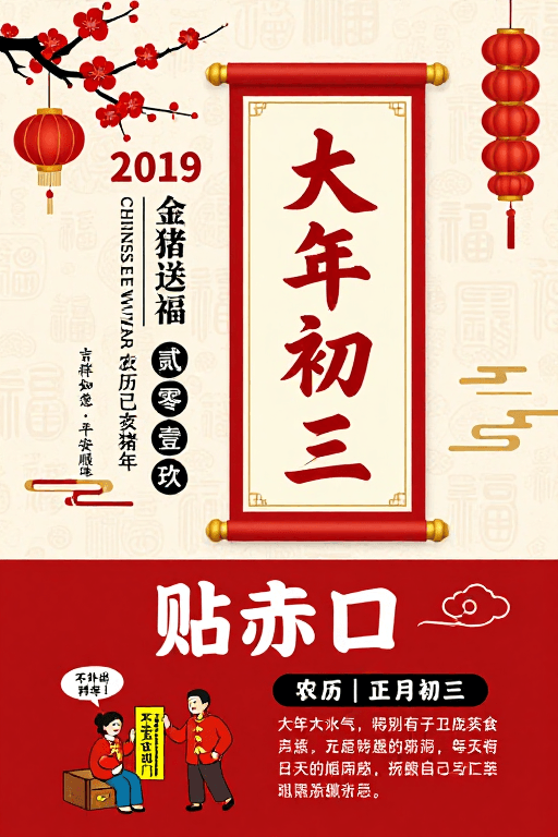大年初三素材：2019大年初三习俗海报：贴赤口与吉祥禁忌