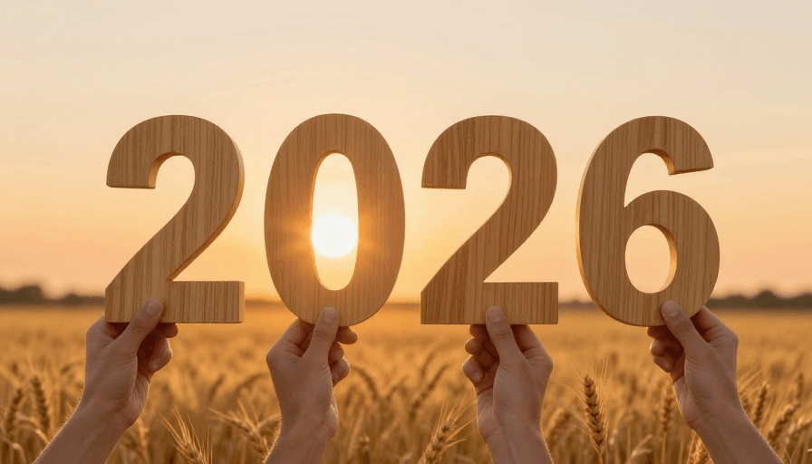 自然光照明素材：2026展望：麦田逆光托举木质数字