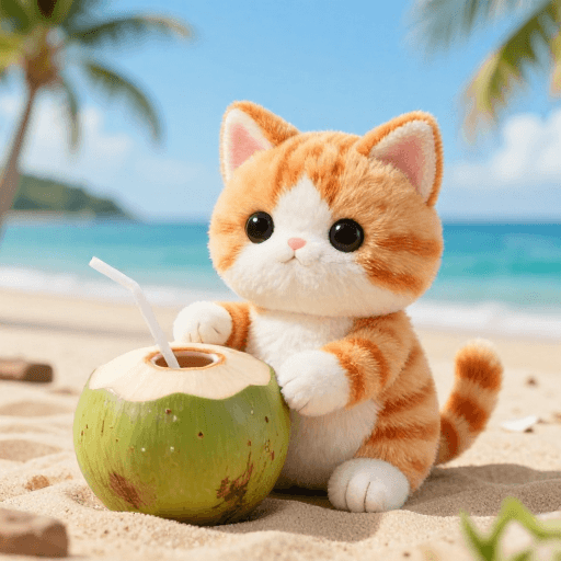户外拍摄素材：热带海滩萌趣小猫与青椰广告图