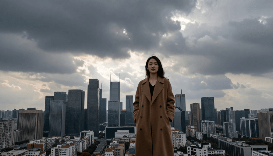 励志宣传素材：乌云下的希望：都市女性俯瞰繁华中的曙光