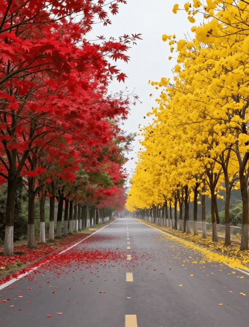 艺术背景素材：秋日幻境：红枫黄银杏铺满花瓣的梦幻公路