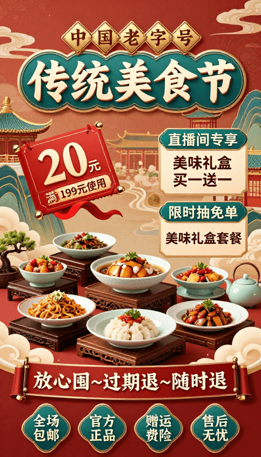 节日庆典设计素材：传统美食节：中国老字号中华风情海报