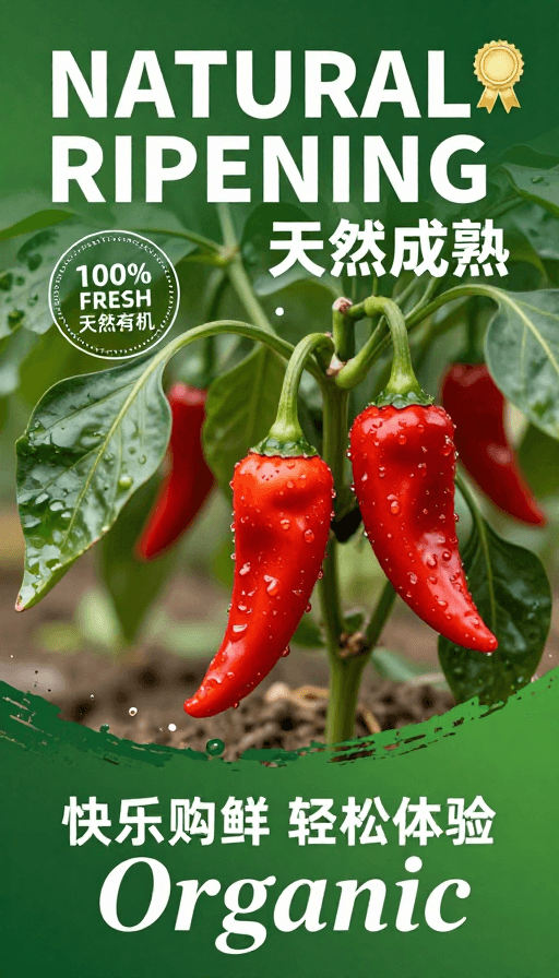 健康饮食素材：天然成熟鲜辣辣椒海报，清新自然有机蔬菜宣传图
