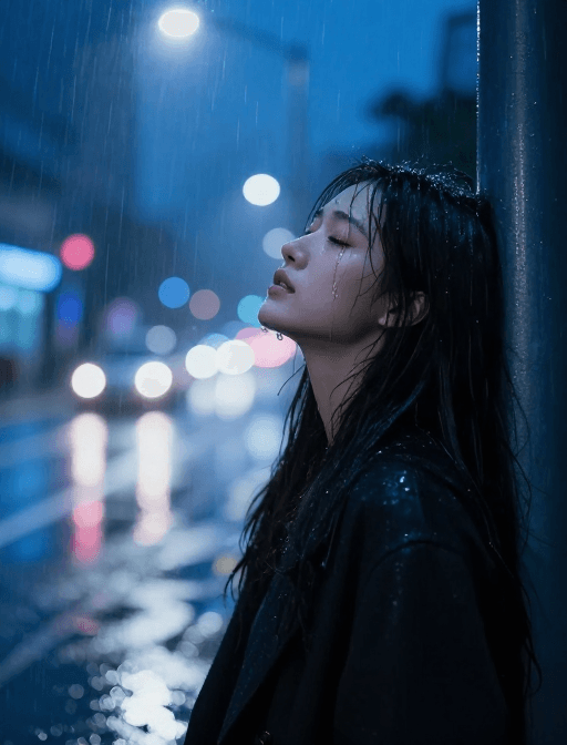 唯美意境素材：雨夜泪光：霓虹下的孤独瞬间