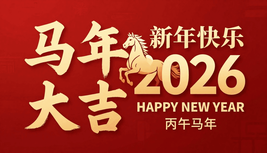 奔腾骏马素材：丙午马年新春贺图，金色书法字与骏马共庆佳节