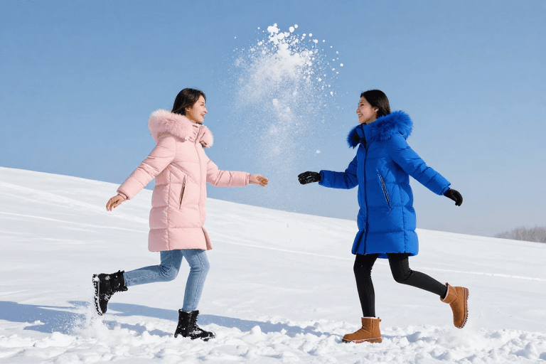 年轻女性素材：冬日雪趣：两位少女雪地嬉戏与雪花飞溅瞬间