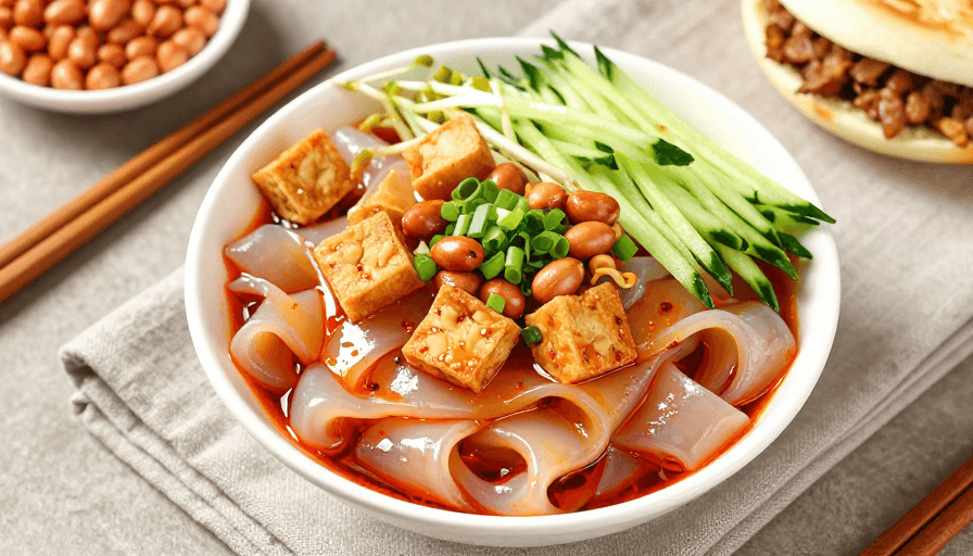 商业广告图素材：精致凉皮特写：红油辣子与脆嫩食材的完美融合