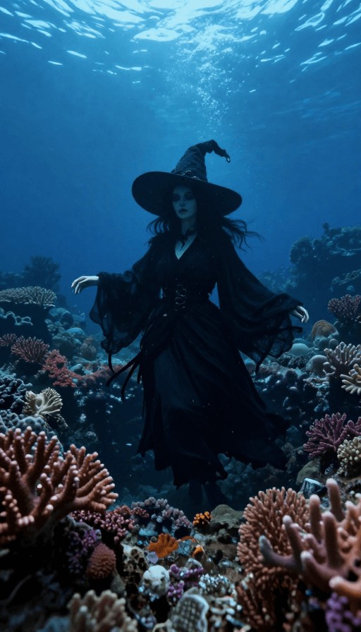 海洋生物素材：深海珊瑚火山口的黑袍女巫：神秘海底世界