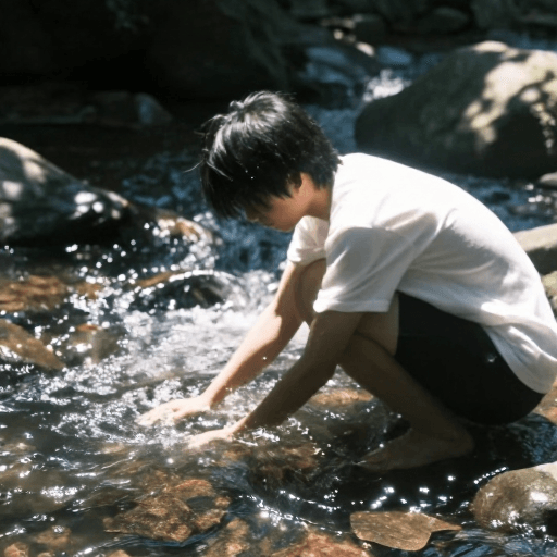 日系胶片素材：夏日溪边少年戏水：日系胶片纪实