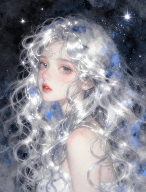 唯美意境素材：银辉少女与星河梦境：超现实水彩艺术