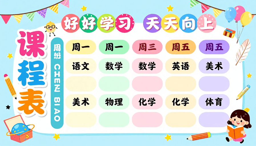 教育海报素材：童趣活力课程表：色彩明快扁平插画海报