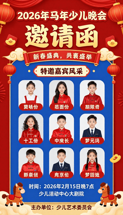 中国风海报素材：2026马年少儿晚会红金中国风海报