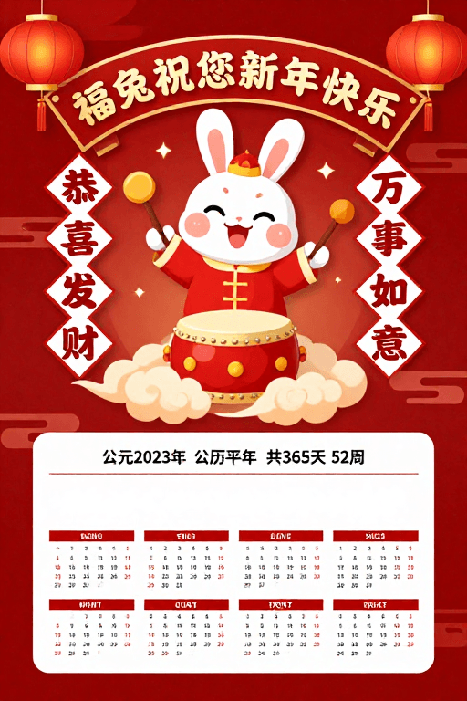 春节海报素材：喜庆中国风新年海报：福兔送祝福
