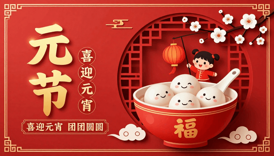 传统书法素材：剪纸插画风元宵节喜庆海报
