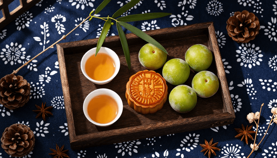 深色背景素材：中秋雅韵：深蓝背景下精致茶具与月饼的摄影作品