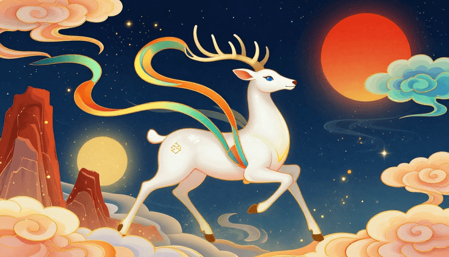 国潮插画素材：神鹿跃动：东幻星夜下的神圣之光