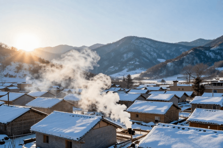 雪后山村素材：雪后山村·暖光逆阳的诗意画面