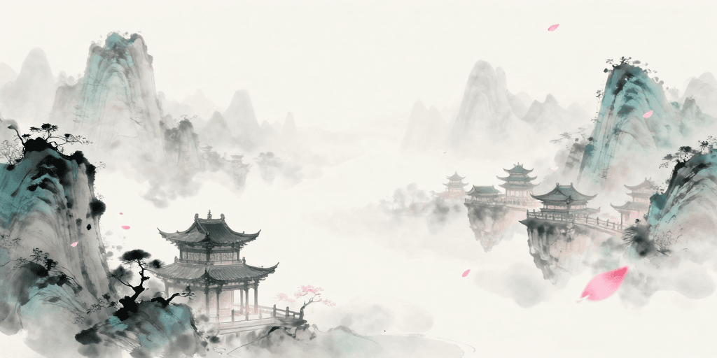 国风背景素材：水墨仙侠意境：云雾山峦与古韵楼阁的背景图