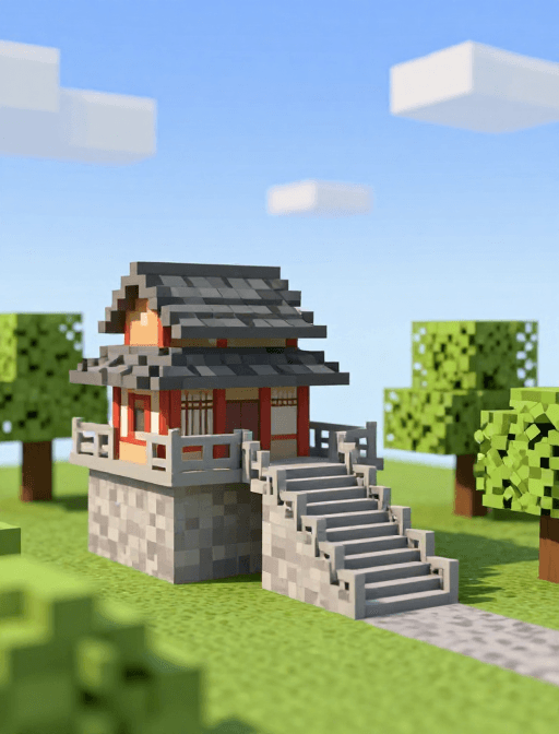 天空景观素材：微缩东亚建筑景观：蓝天下的静谧阶梯与树木