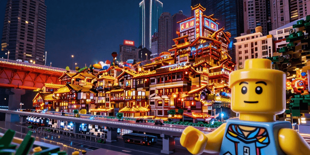 霓虹灯光素材：乐高洪崖洞微缩夜景：未来科幻自拍