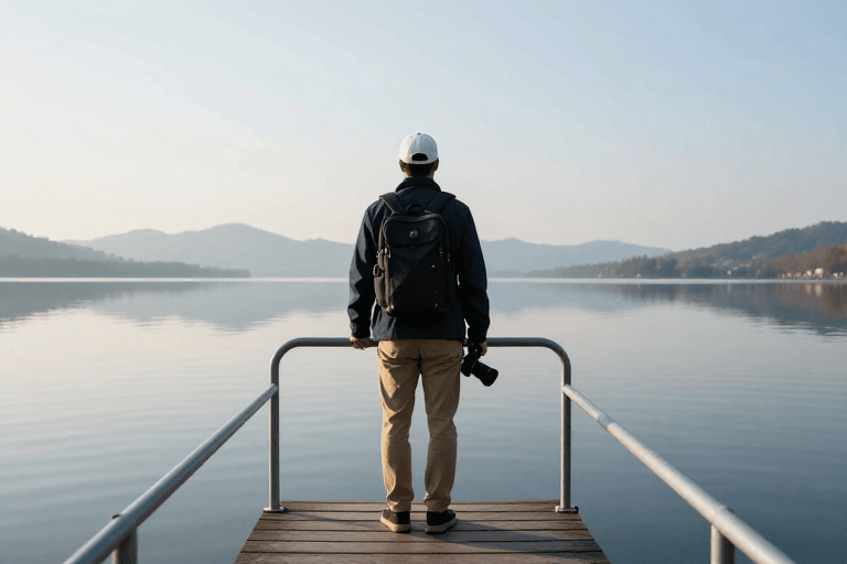 旅行摄影素材：静谧湖光与背影：冷调摄影的旅行美学