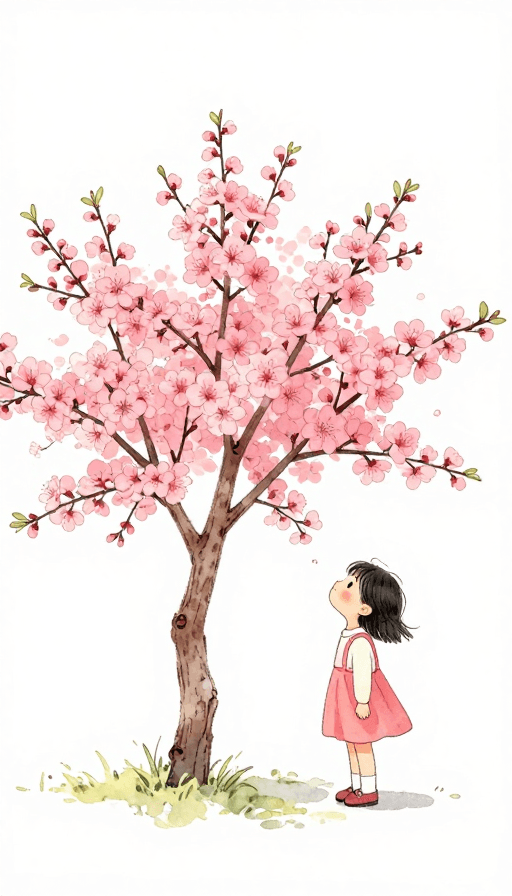 童趣插画素材：纯真童趣：粉花小树与快乐女孩