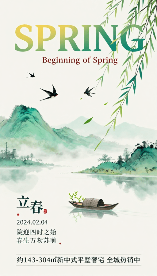 房地产广告素材：水墨淡雅春季节气海报 新中式平墅推广
