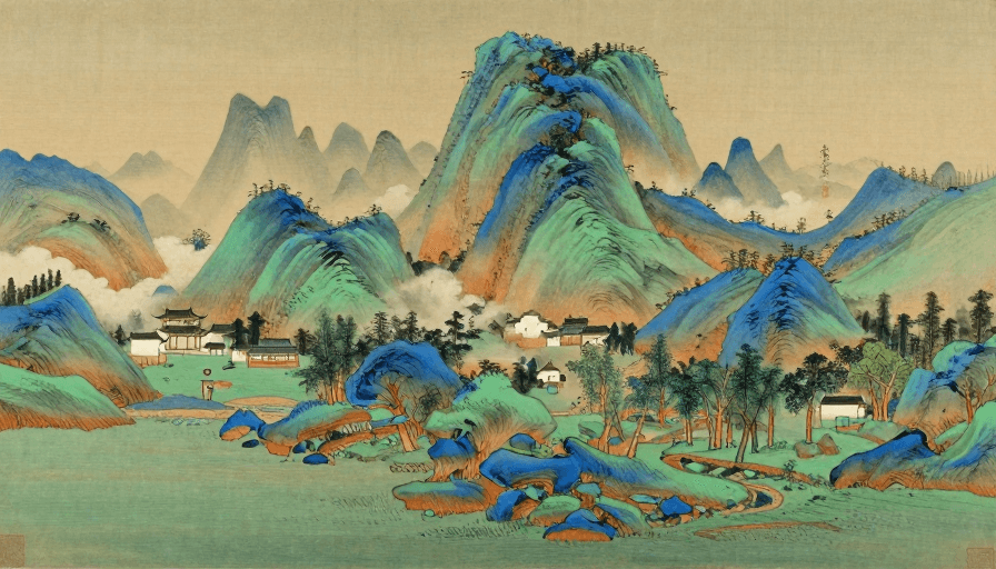 白墙灰瓦建筑素材：青绿山水：矿物色渲染的层叠山峦与古典村落
